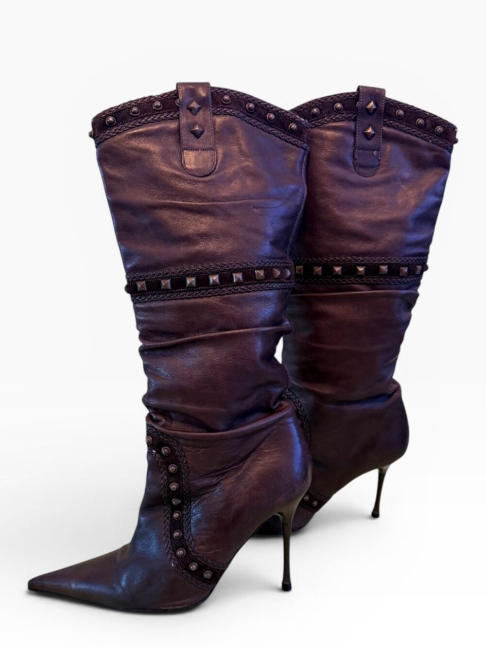 El Dantes Diseño Marco Brown Iridescent Leather Studded Stiletto Knee Boot EU 37
